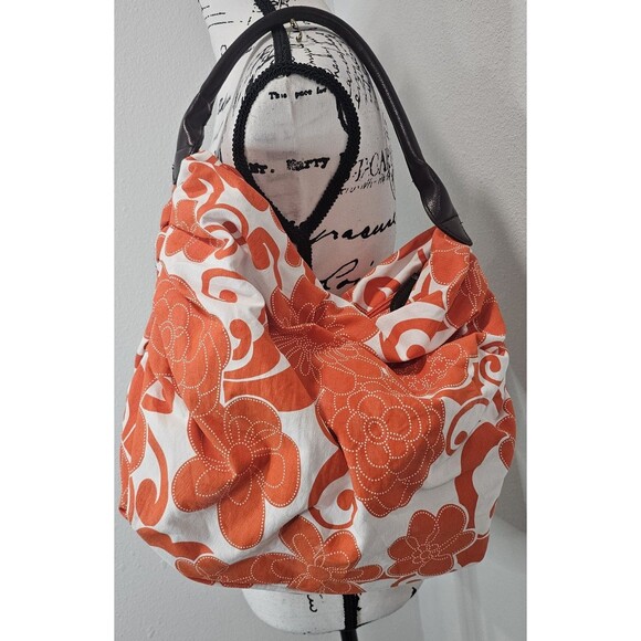 Saks Fifth Avenue Handbags - Saks Fifth Avenue Orange White Floral Fabric Shoulder Bag Slouch Hobo Lined